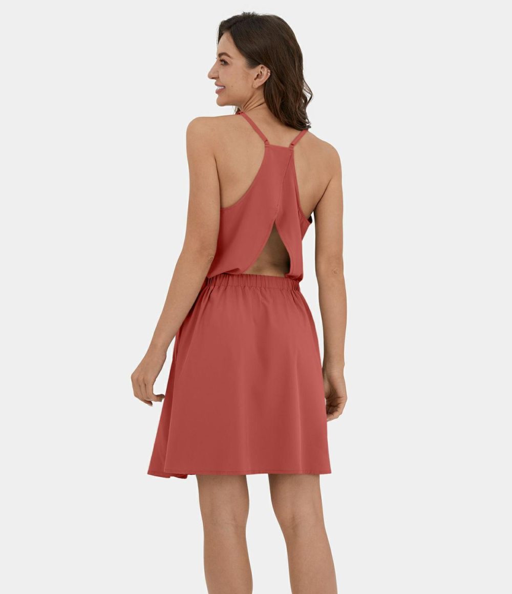 Breezeful™ Adjustable Strap Backless Cut Out Side Pocket Pleated Mini Quick Dry Casual Dress  | Womens  Mini Dresses Clothing Mineral Blue/Black/Thin Ice Blue/Deep Crimson/Black Diamond Blue/Ghost Gray/Flame Red/Blush Orange/Peach Melba