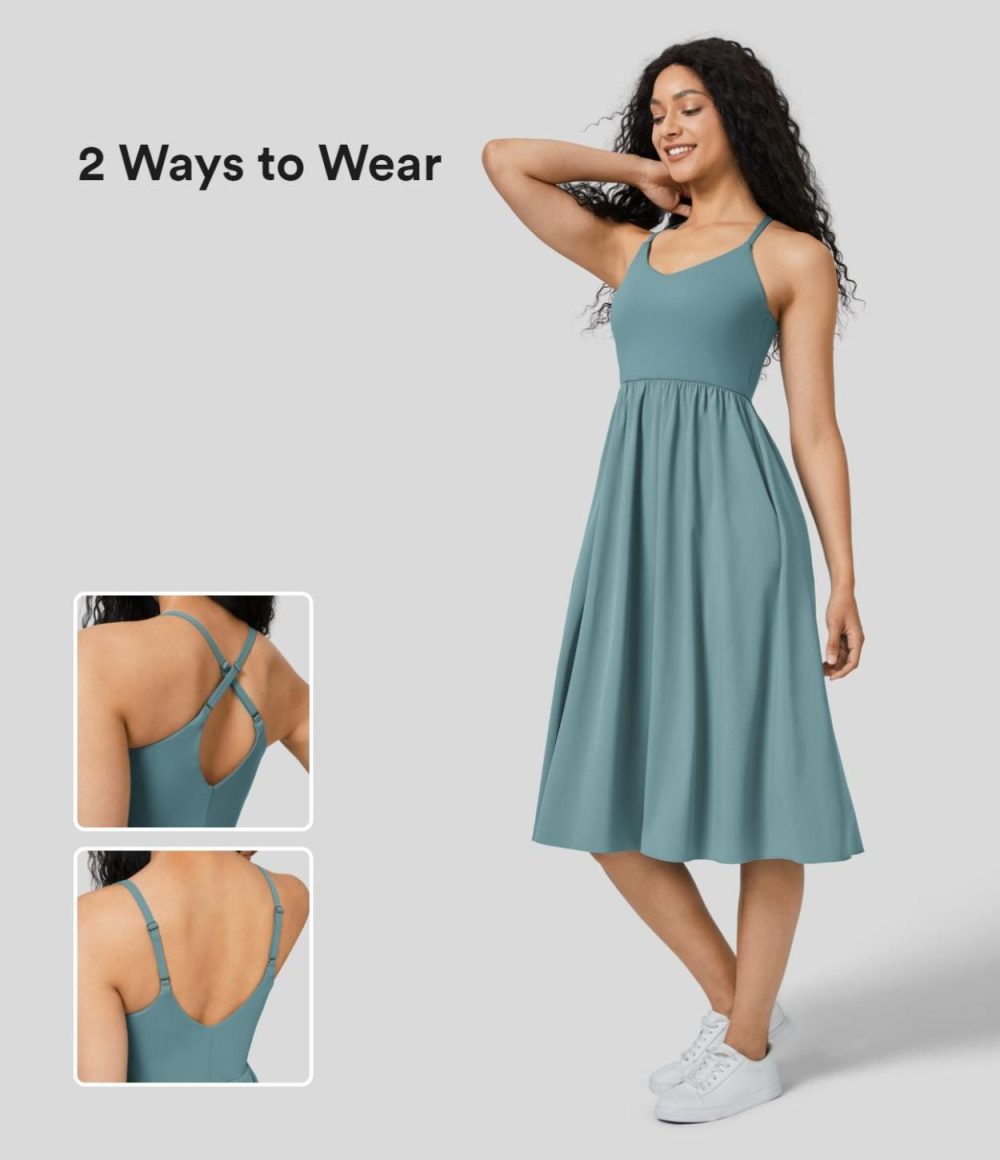 Breezeful™ Adjustable Strap Backless Pocket Flowy Midi Slip Quick Dry Dance Active Dress  | Womens  Active Dresses Active Dresses Active Dresses