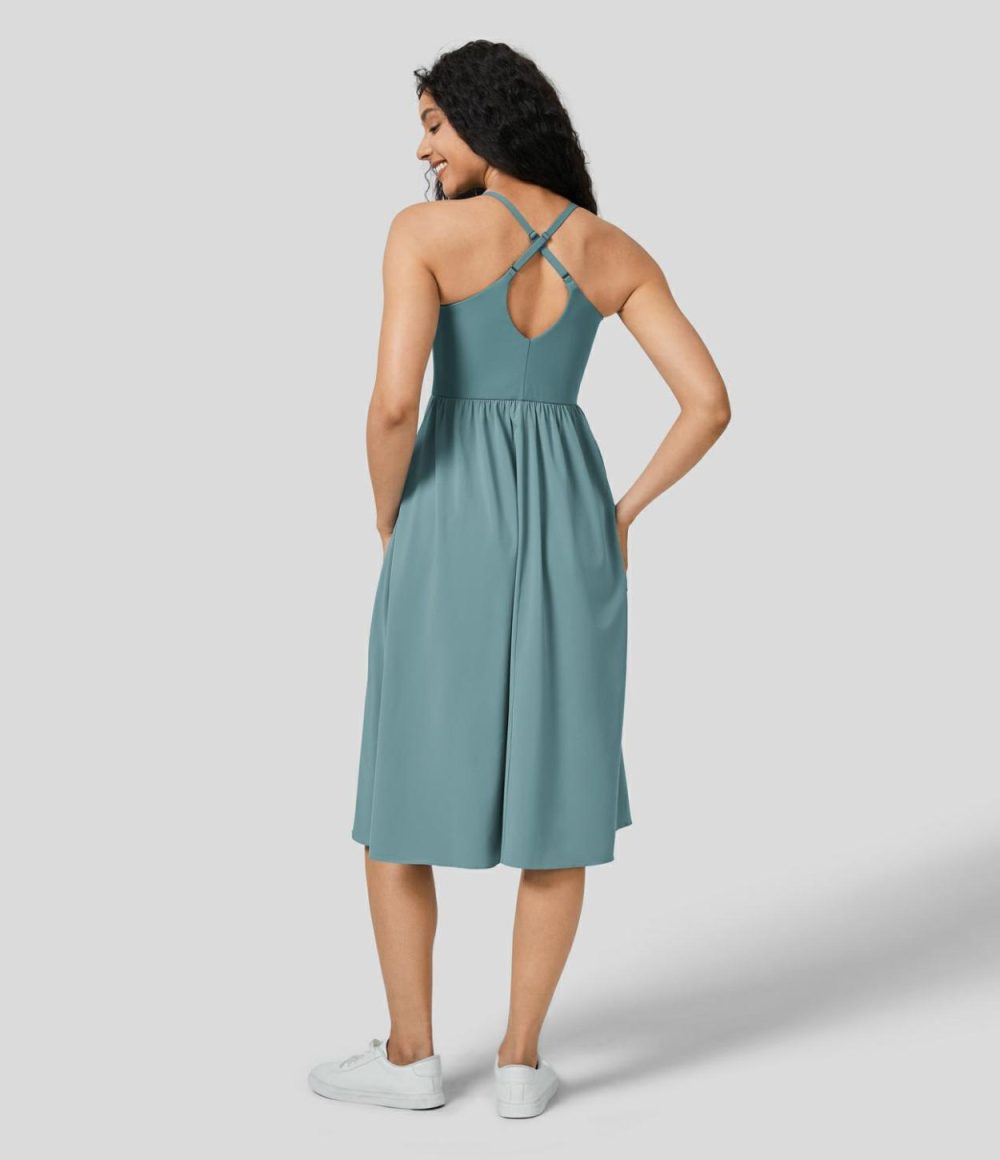 Breezeful™ Adjustable Strap Backless Pocket Flowy Midi Slip Quick Dry Dance Active Dress  | Womens  Active Dresses Active Dresses Active Dresses