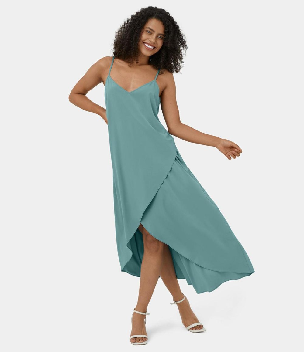 Breezeful™ Adjustable Strap V Neck Backless V Back Asymmetric Crossover Hem Flowy Maxi Quick Dry Casual Dress  | Womens  Flowy Dresses Clothing Flowy Dresses