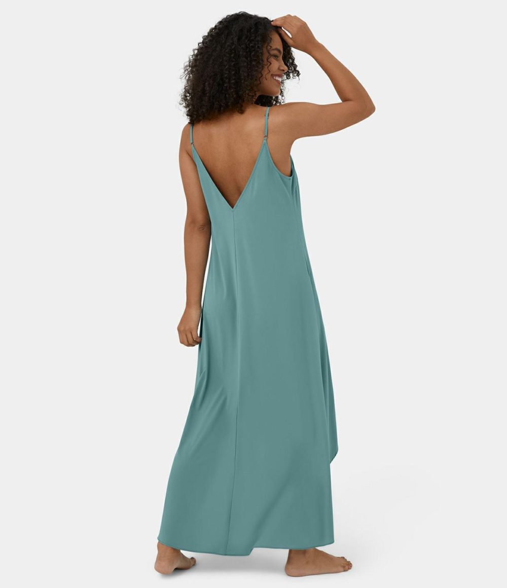 Breezeful™ Adjustable Strap V Neck Backless V Back Asymmetric Crossover Hem Flowy Maxi Quick Dry Casual Dress  | Womens  Flowy Dresses Clothing Flowy Dresses