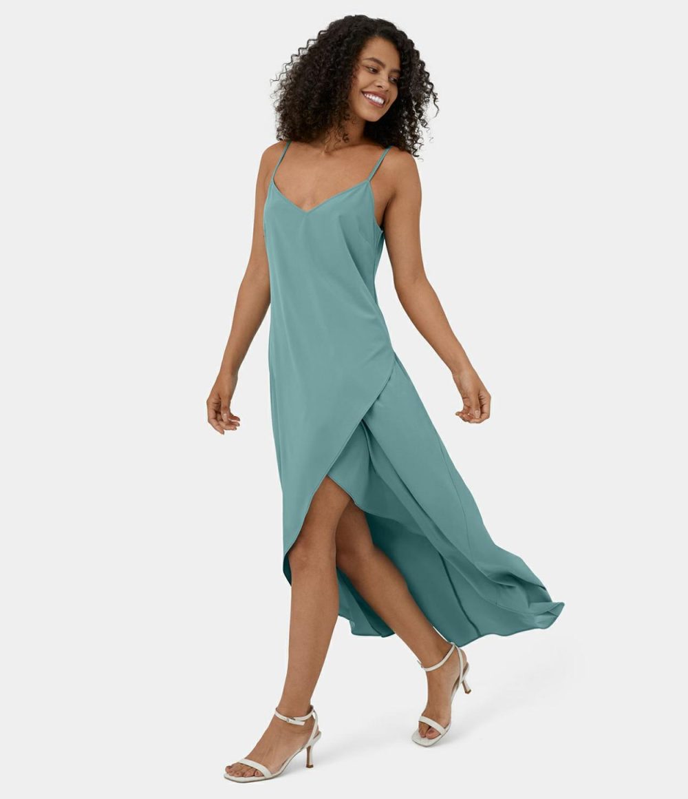 Breezeful™ Adjustable Strap V Neck Backless V Back Asymmetric Crossover Hem Flowy Maxi Quick Dry Casual Dress  | Womens  Flowy Dresses Clothing Flowy Dresses