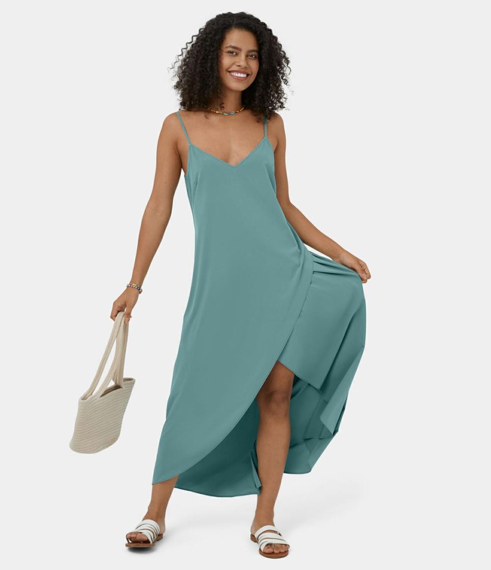 Breezeful™ Adjustable Strap V Neck Backless V Back Asymmetric Crossover Hem Flowy Maxi Quick Dry Casual Dress  | Womens  Flowy Dresses Clothing Flowy Dresses