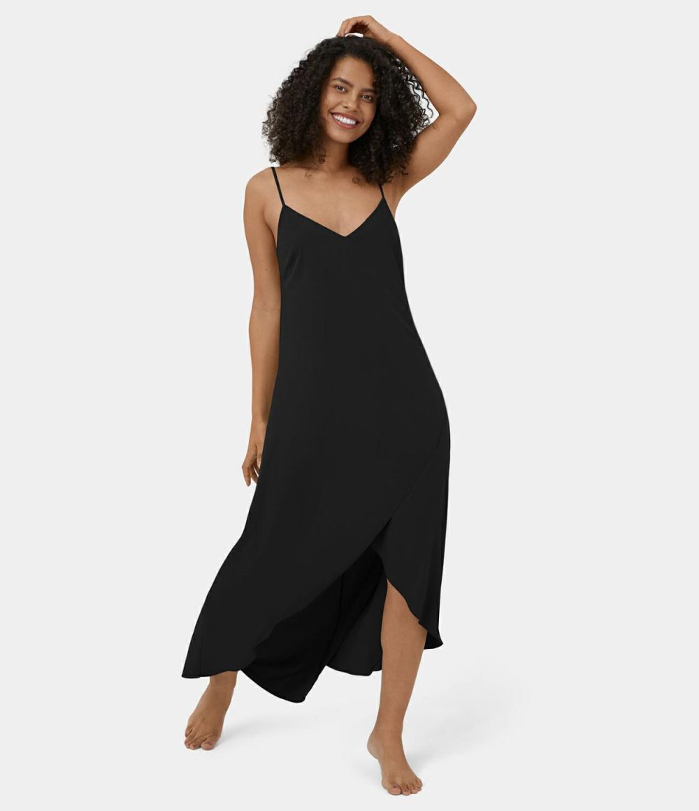 Breezeful™ Adjustable Strap V Neck Backless V Back Asymmetric Crossover Hem Flowy Maxi Quick Dry Casual Dress  | Womens  Flowy Dresses Clothing Flowy Dresses