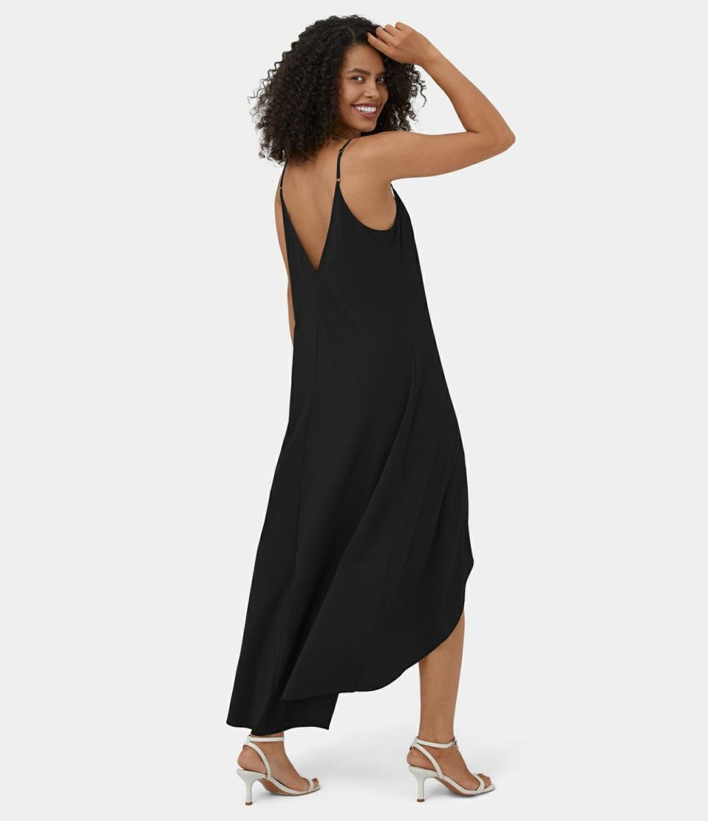 Breezeful™ Adjustable Strap V Neck Backless V Back Asymmetric Crossover Hem Flowy Maxi Quick Dry Casual Dress  | Womens  Flowy Dresses Clothing Flowy Dresses