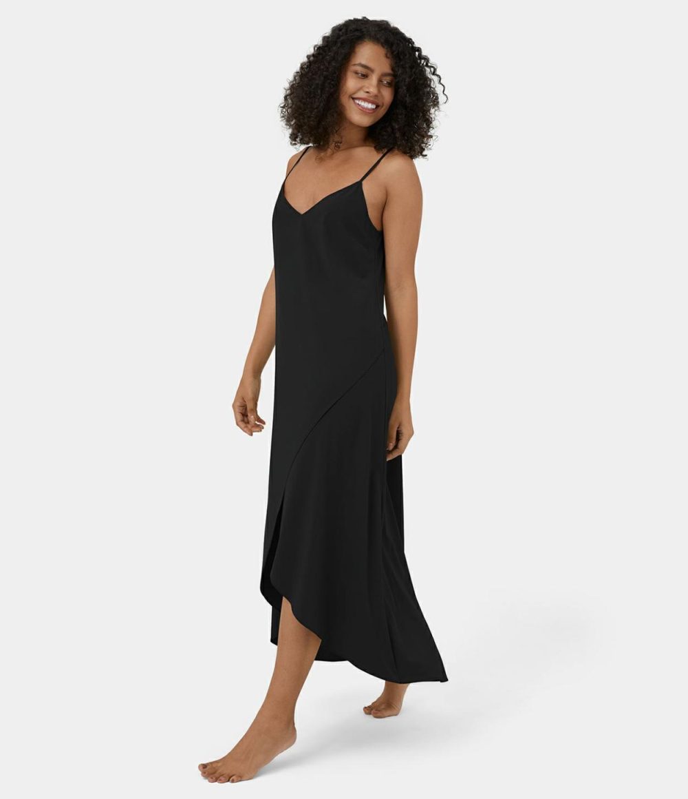 Breezeful™ Adjustable Strap V Neck Backless V Back Asymmetric Crossover Hem Flowy Maxi Quick Dry Casual Dress  | Womens  Flowy Dresses Clothing Flowy Dresses