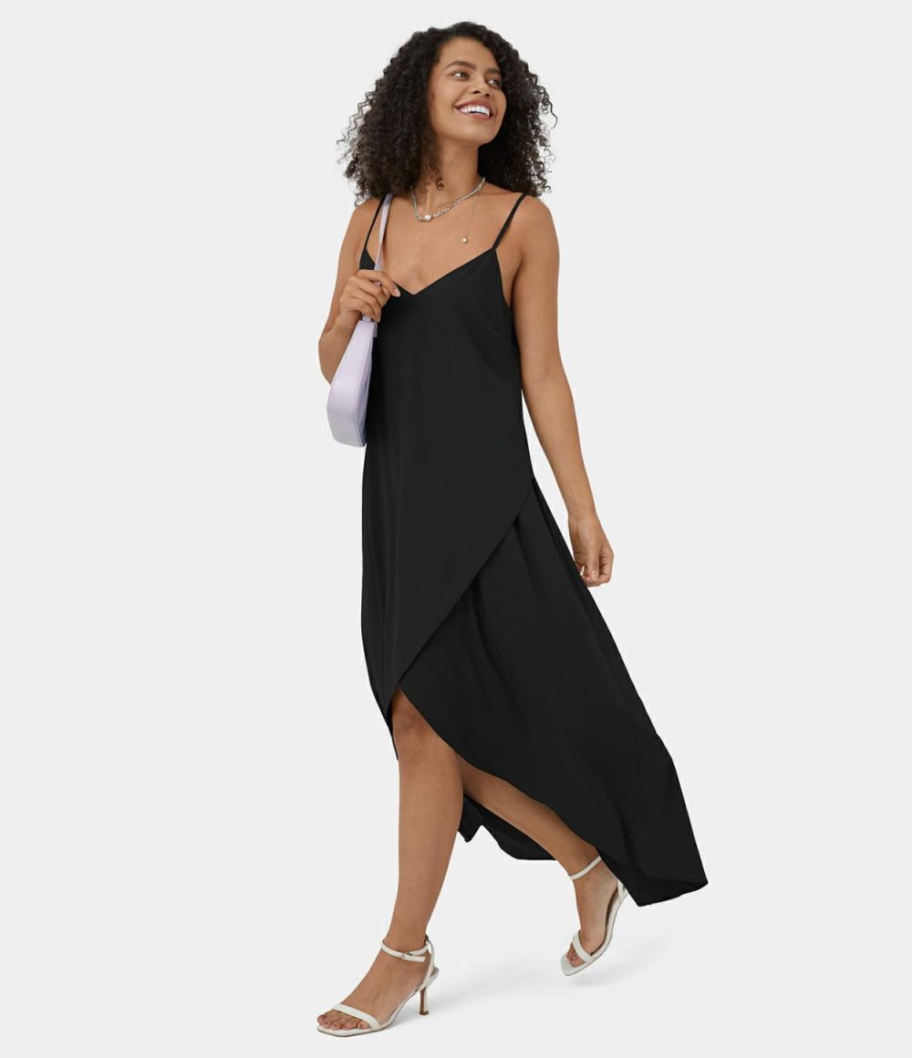 Breezeful™ Adjustable Strap V Neck Backless V Back Asymmetric Crossover Hem Flowy Maxi Quick Dry Casual Dress  | Womens  Flowy Dresses Clothing Flowy Dresses