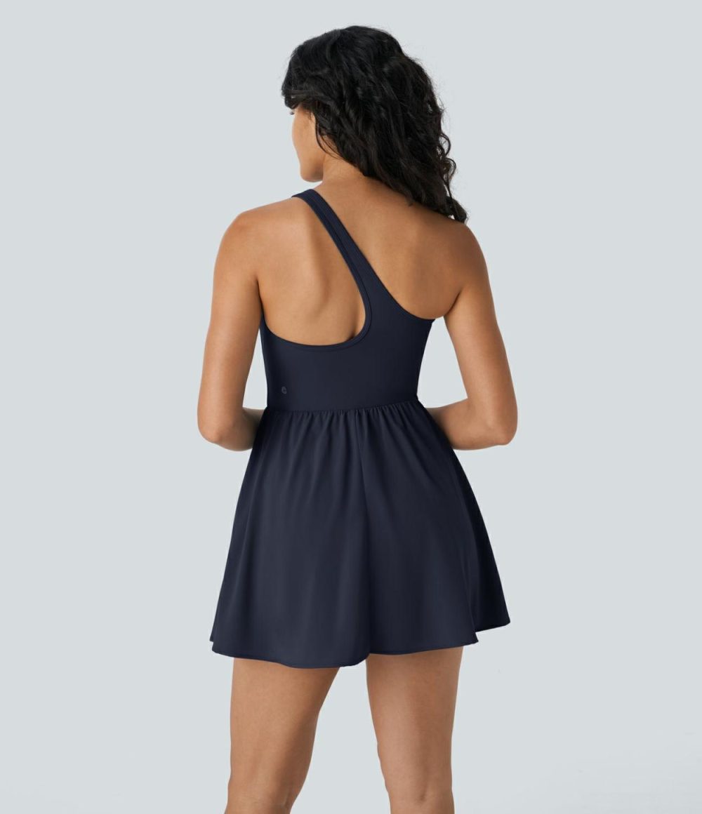 Breezeful™ Asymmetric Strap Backless 2-in-1 Side Pocket Quick Dry Mini Dance Active Dress  | Womens  Active Dresses Active Dresses Active Dresses