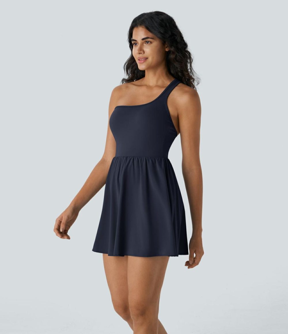 Breezeful™ Asymmetric Strap Backless 2-in-1 Side Pocket Quick Dry Mini Dance Active Dress  | Womens  Active Dresses Active Dresses Active Dresses