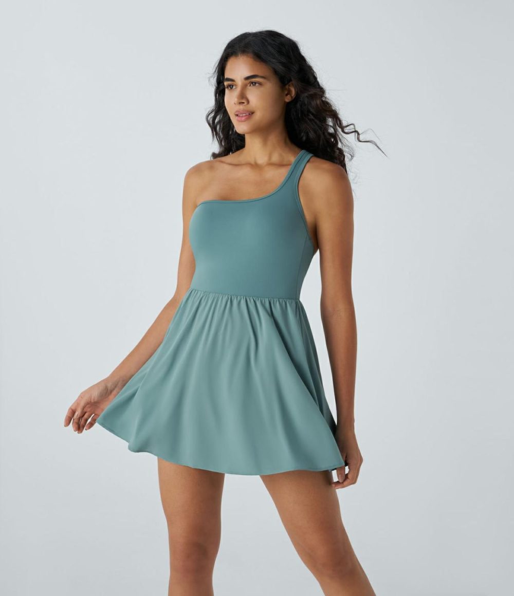 Breezeful™ Asymmetric Strap Backless 2-in-1 Side Pocket Quick Dry Mini Dance Active Dress  | Womens  Active Dresses Active Dresses Active Dresses