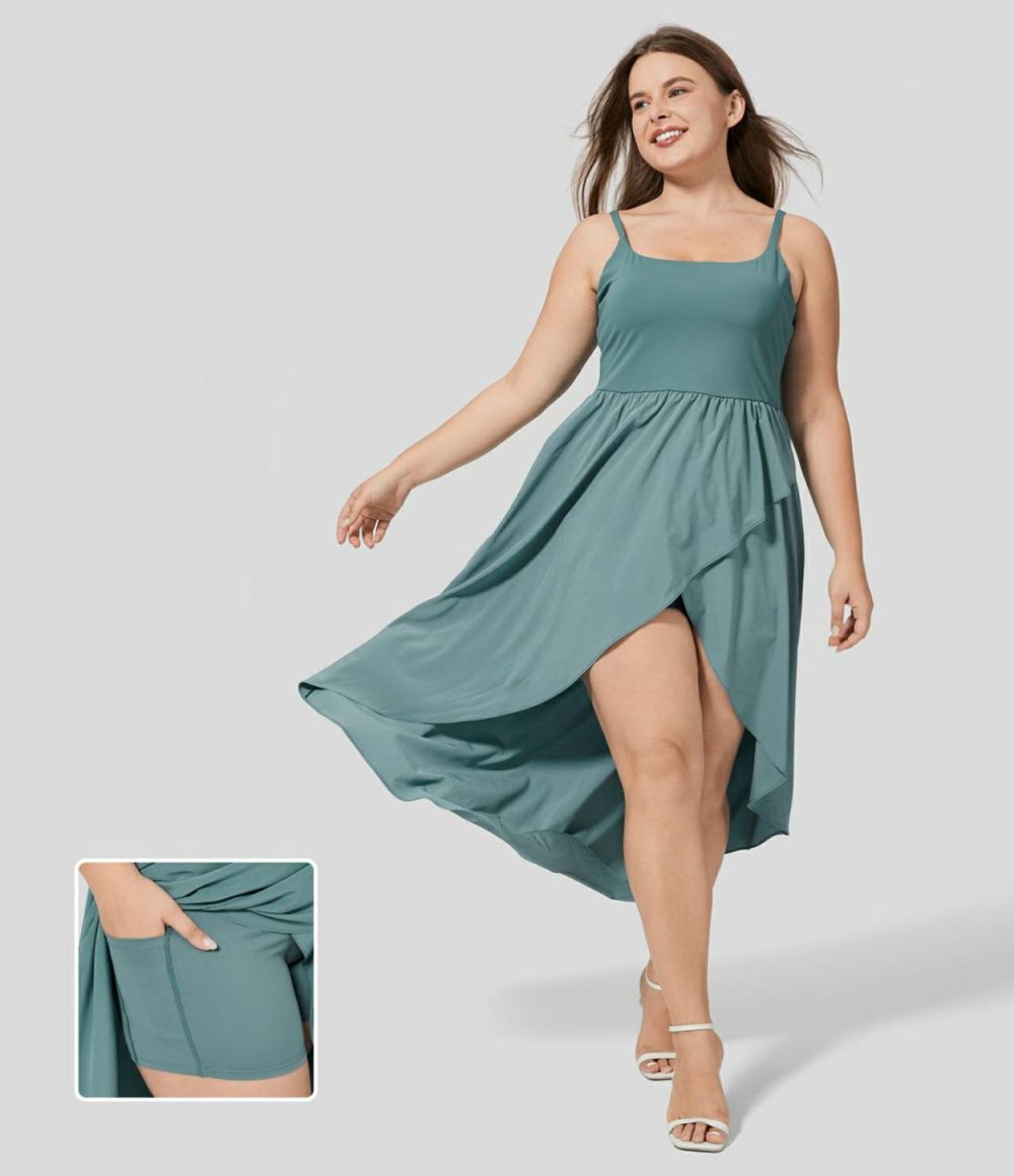 Breezeful™ Backless Asymmetric Crossover Hem 2-Piece Side Pocket Flowy Midi Quick Dry Casual Plus Size Dress  | Womens  Flowy Dresses Clothing Flowy Dresses