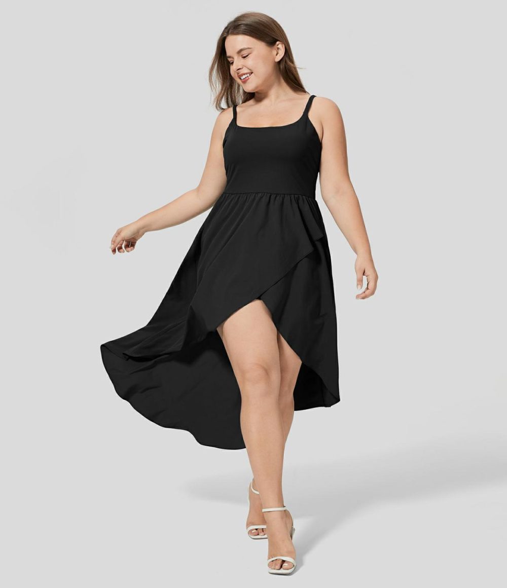 Breezeful™ Backless Asymmetric Crossover Hem 2-Piece Side Pocket Flowy Midi Quick Dry Casual Plus Size Dress  | Womens  Flowy Dresses Clothing Flowy Dresses