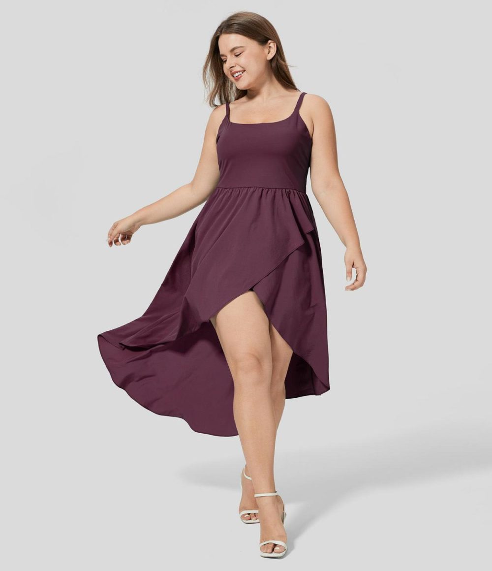 Breezeful™ Backless Asymmetric Crossover Hem 2-Piece Side Pocket Flowy Midi Quick Dry Casual Plus Size Dress  | Womens  Flowy Dresses Clothing Flowy Dresses