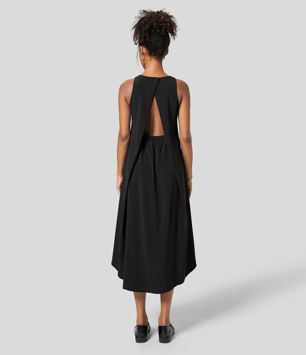 Breezeful™ Backless Button Side Pocket High Low Midi Quick Dry Work Dress  | Womens  Flowy Dresses Clothing Flowy Dresses