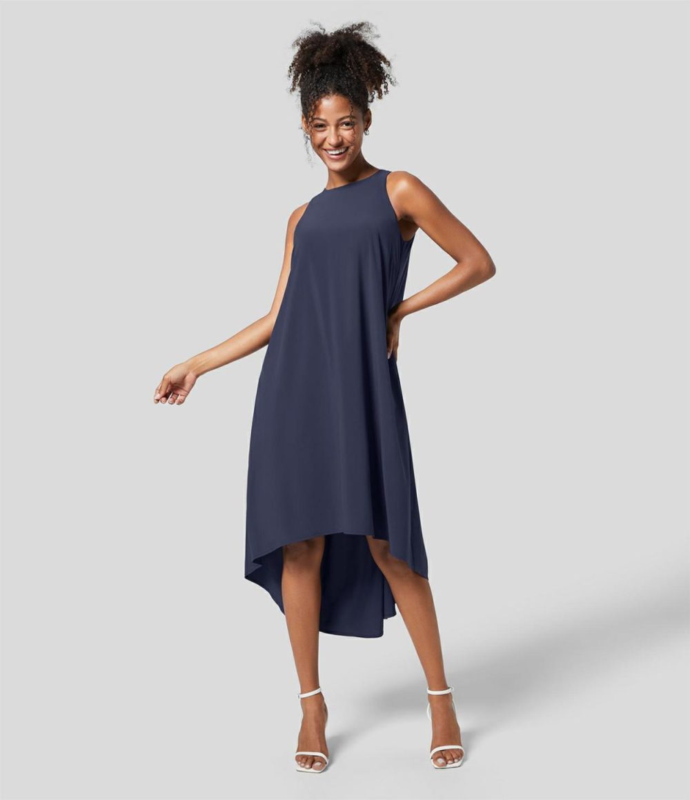 Breezeful™ Backless Button Side Pocket High Low Midi Quick Dry Work Dress  | Womens  Flowy Dresses Clothing Flowy Dresses