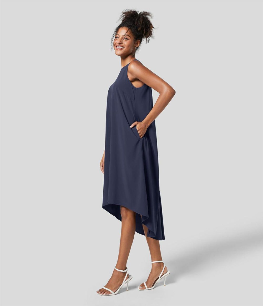 Breezeful™ Backless Button Side Pocket High Low Midi Quick Dry Work Dress  | Womens  Flowy Dresses Clothing Flowy Dresses