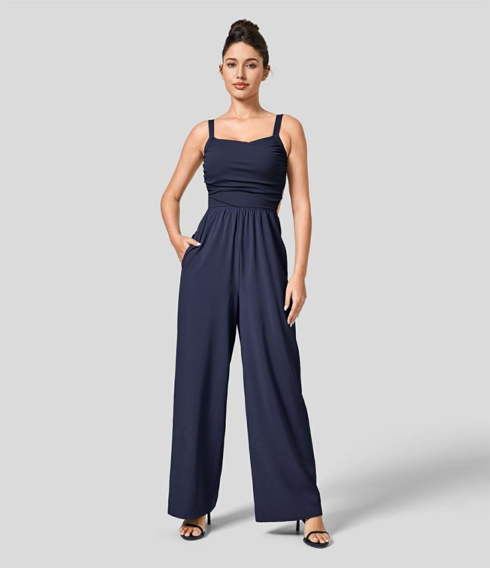 Breezeful™ Backless Crisscross Lace Up Side Pocket Quick Dry Casual Jumpsuit  | Womens  Dressey Jumpsuits Clothing Amaranth/Stone Blue/Black/Patriot Blue/Ballad Blue/Kapok Red