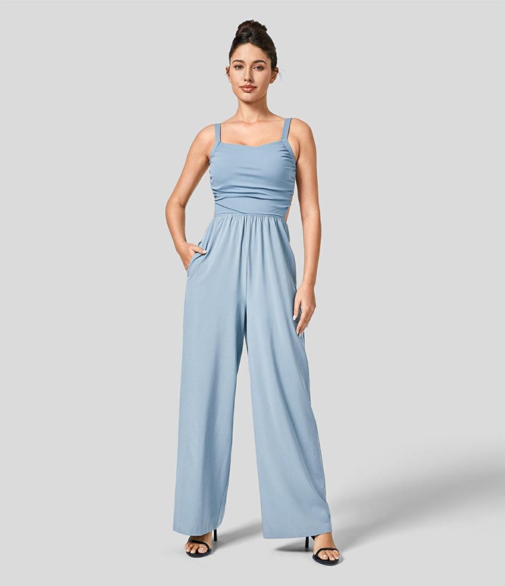 Breezeful™ Backless Crisscross Lace Up Side Pocket Quick Dry Casual Jumpsuit  | Womens  Dressey Jumpsuits Clothing Amaranth/Stone Blue/Black/Patriot Blue/Ballad Blue/Kapok Red