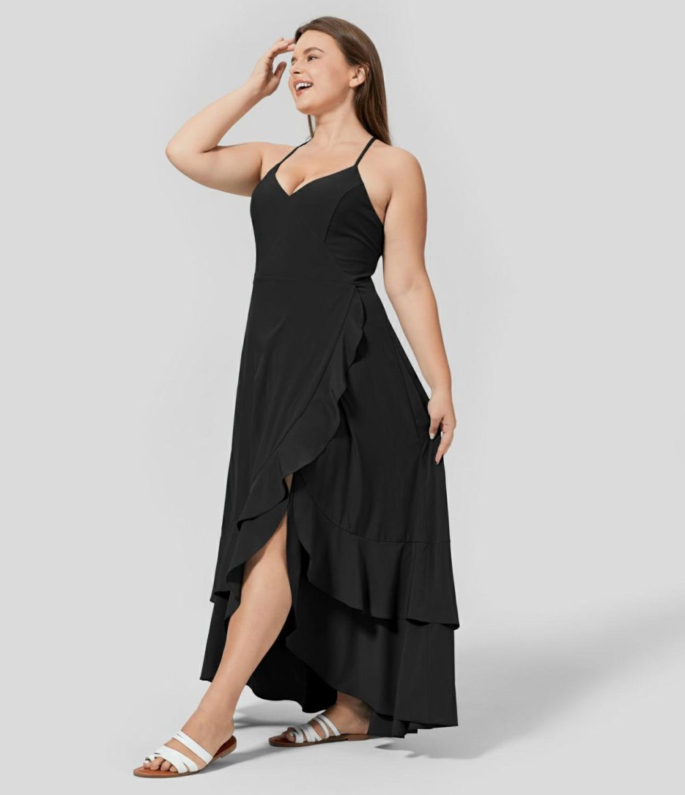 Breezeful™ Backless Crisscross Lace Up Side Zipper Ruffle Split Hem Maxi Quick Dry Casual Plus Size Dress  | Womens  Flowy Dresses Clothing Flowy Dresses