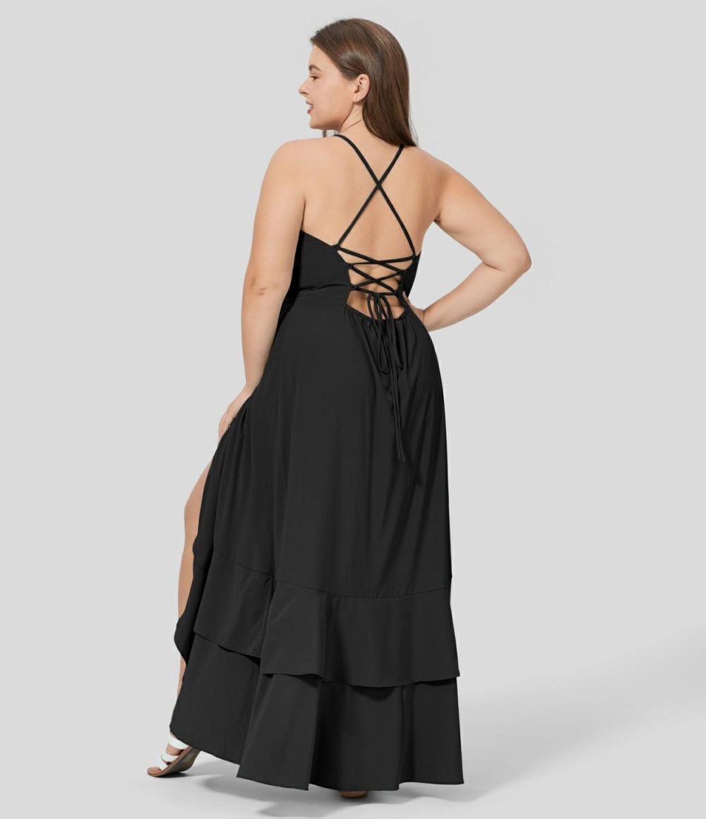 Breezeful™ Backless Crisscross Lace Up Side Zipper Ruffle Split Hem Maxi Quick Dry Casual Plus Size Dress  | Womens  Flowy Dresses Clothing Flowy Dresses