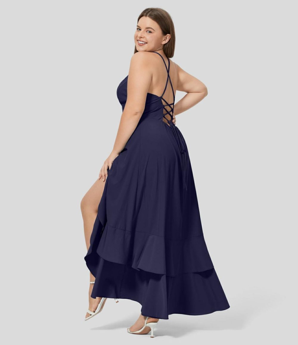 Breezeful™ Backless Crisscross Lace Up Side Zipper Ruffle Split Hem Maxi Quick Dry Casual Plus Size Dress  | Womens  Flowy Dresses Clothing Flowy Dresses