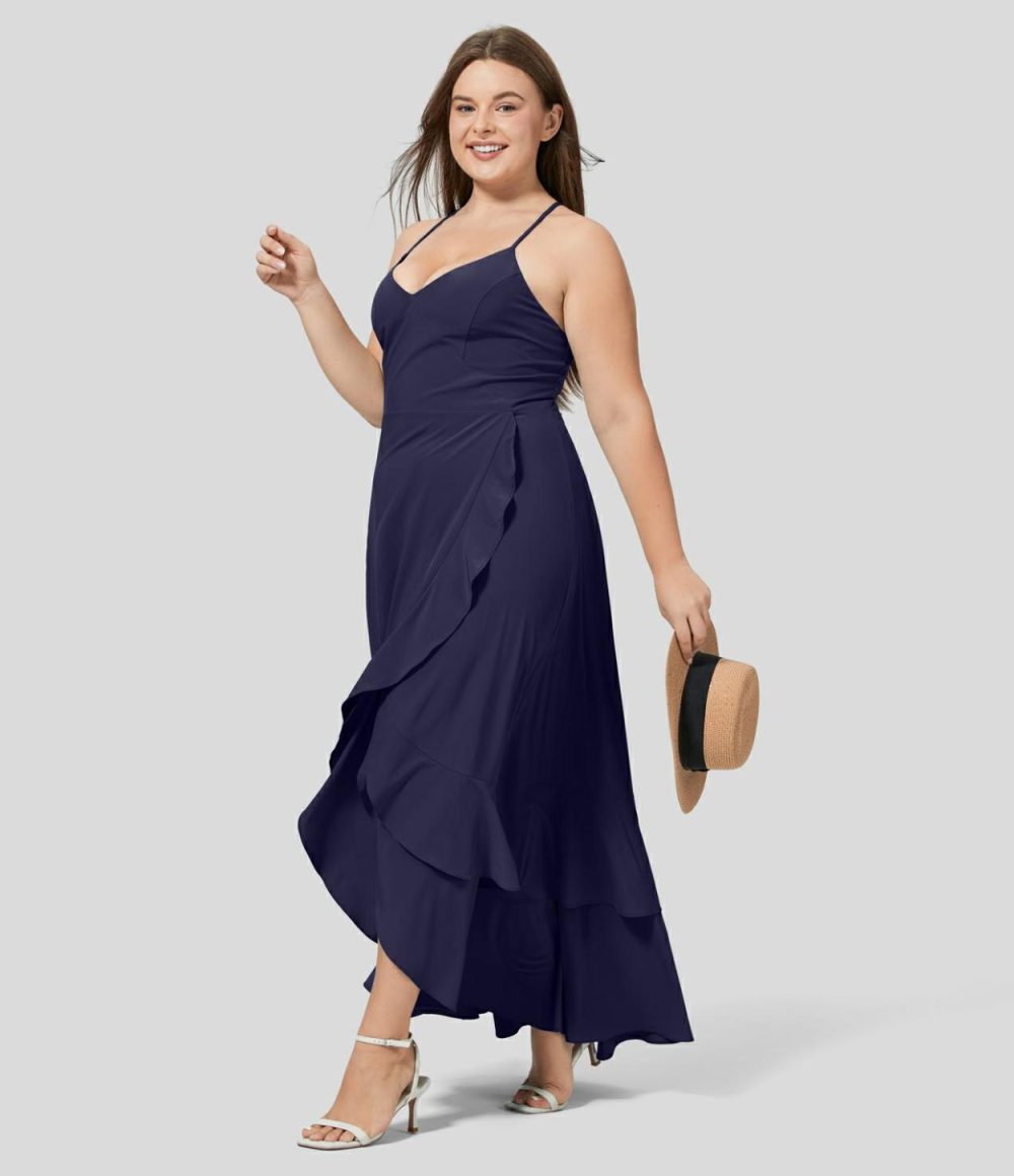 Breezeful™ Backless Crisscross Lace Up Side Zipper Ruffle Split Hem Maxi Quick Dry Casual Plus Size Dress  | Womens  Flowy Dresses Clothing Flowy Dresses