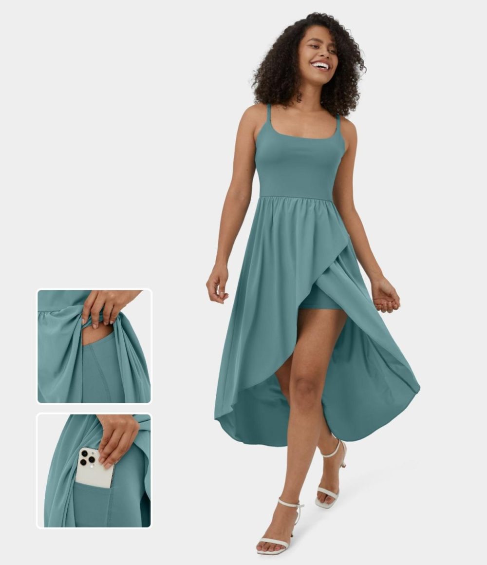 Breezeful™ Backless High Low 2-Piece Side Pocket Flowy Midi Quick Dry Casual Dress  | Womens  Flowy Dresses Clothing Flowy Dresses