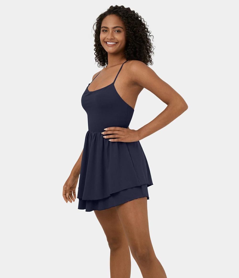 Breezeful™ Backless Lace Up Tiered Ruffle Quick Dry Flowy Mini Slip Casual Dress  | Womens  Active Dresses Active Dresses Active Dresses