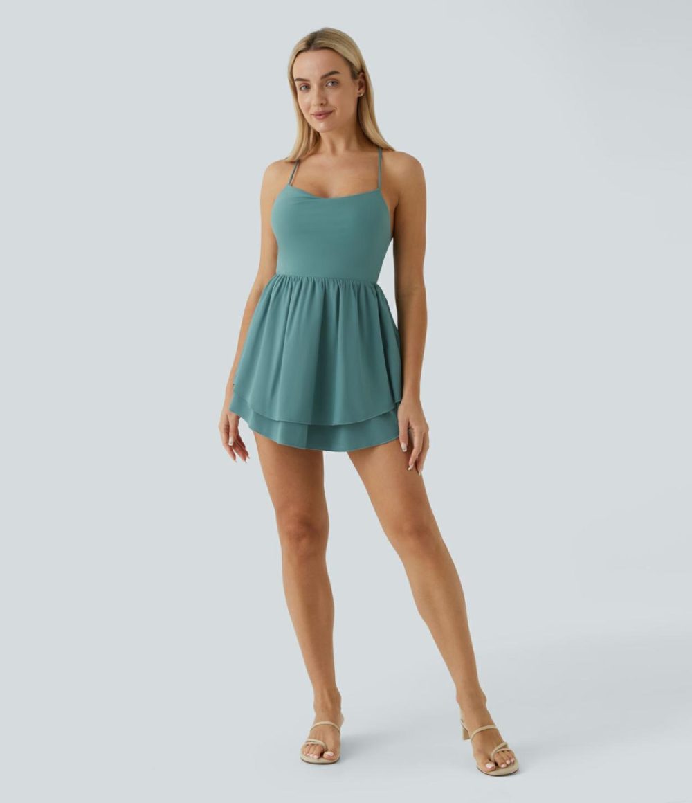 Breezeful™ Backless Lace Up Tiered Ruffle Quick Dry Flowy Mini Slip Casual Dress  | Womens  Active Dresses Active Dresses Active Dresses