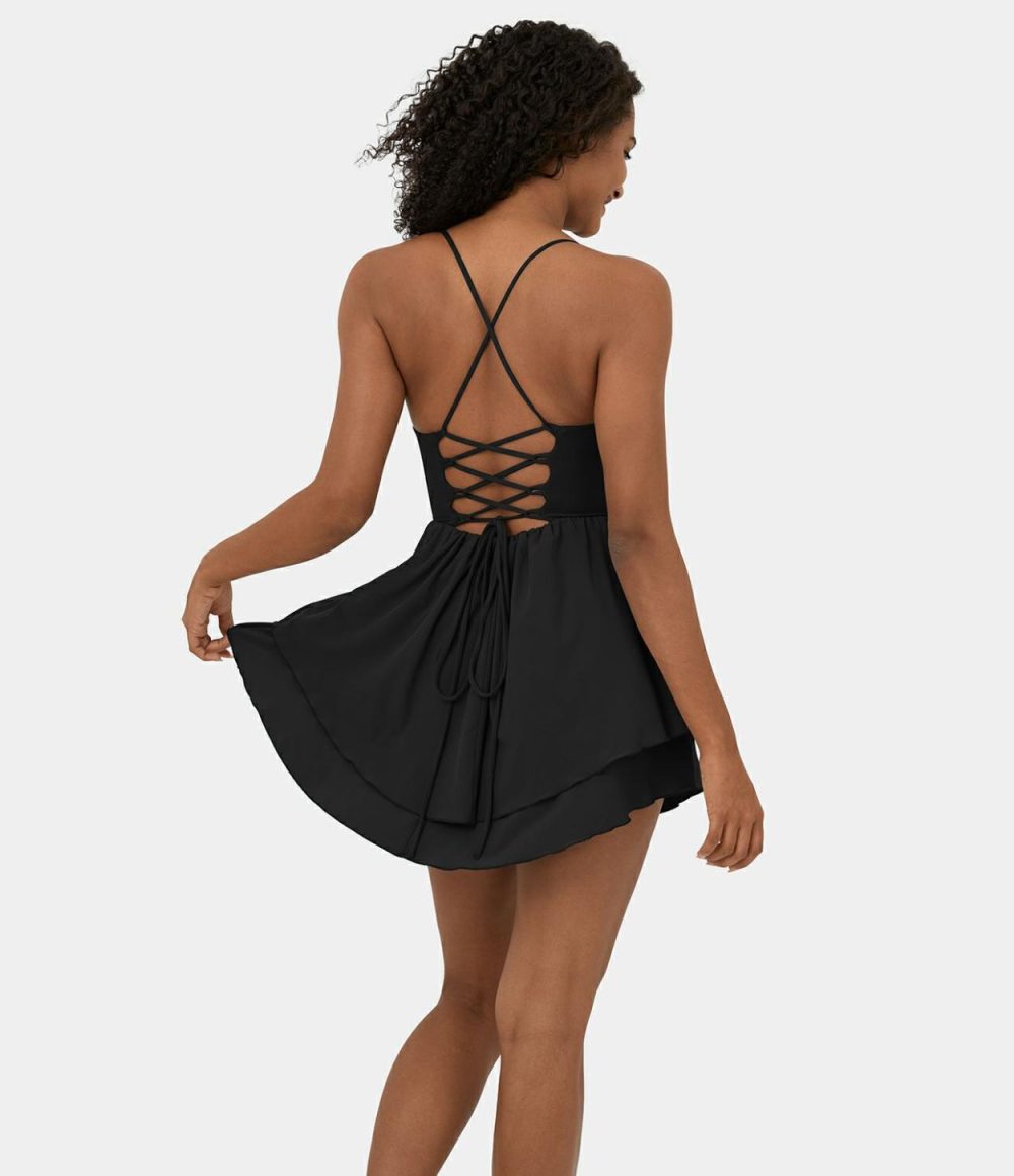 Breezeful™ Backless Lace Up Tiered Ruffle Quick Dry Flowy Mini Slip Casual Dress  | Womens  Active Dresses Active Dresses Active Dresses