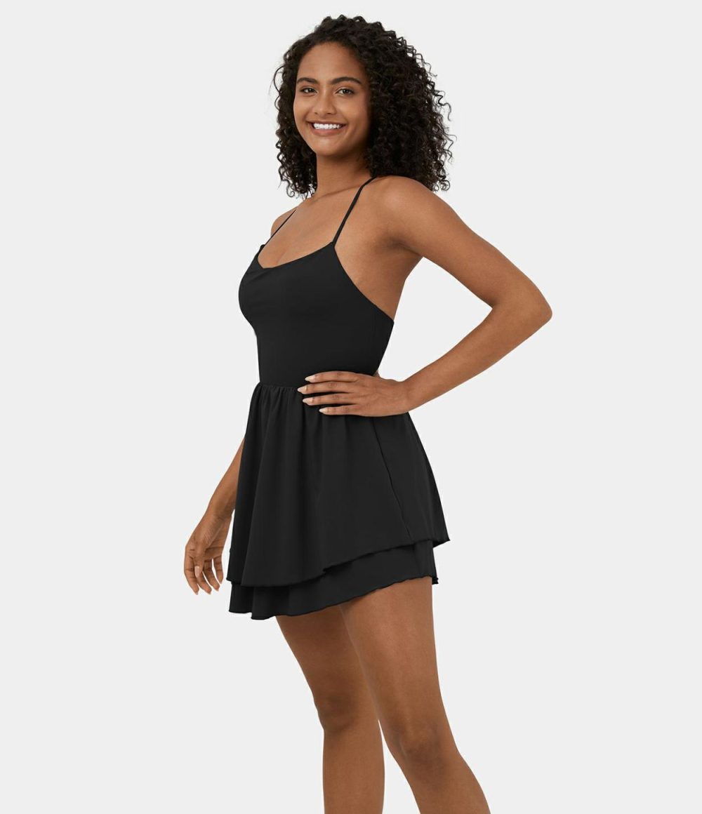 Breezeful™ Backless Lace Up Tiered Ruffle Quick Dry Flowy Mini Slip Casual Dress  | Womens  Active Dresses Active Dresses Active Dresses