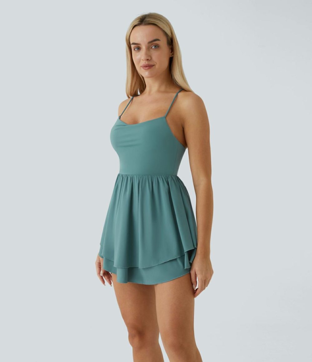 Breezeful™ Backless Lace Up Tiered Ruffle Quick Dry Flowy Mini Slip Casual Dress  | Womens  Active Dresses Active Dresses Active Dresses