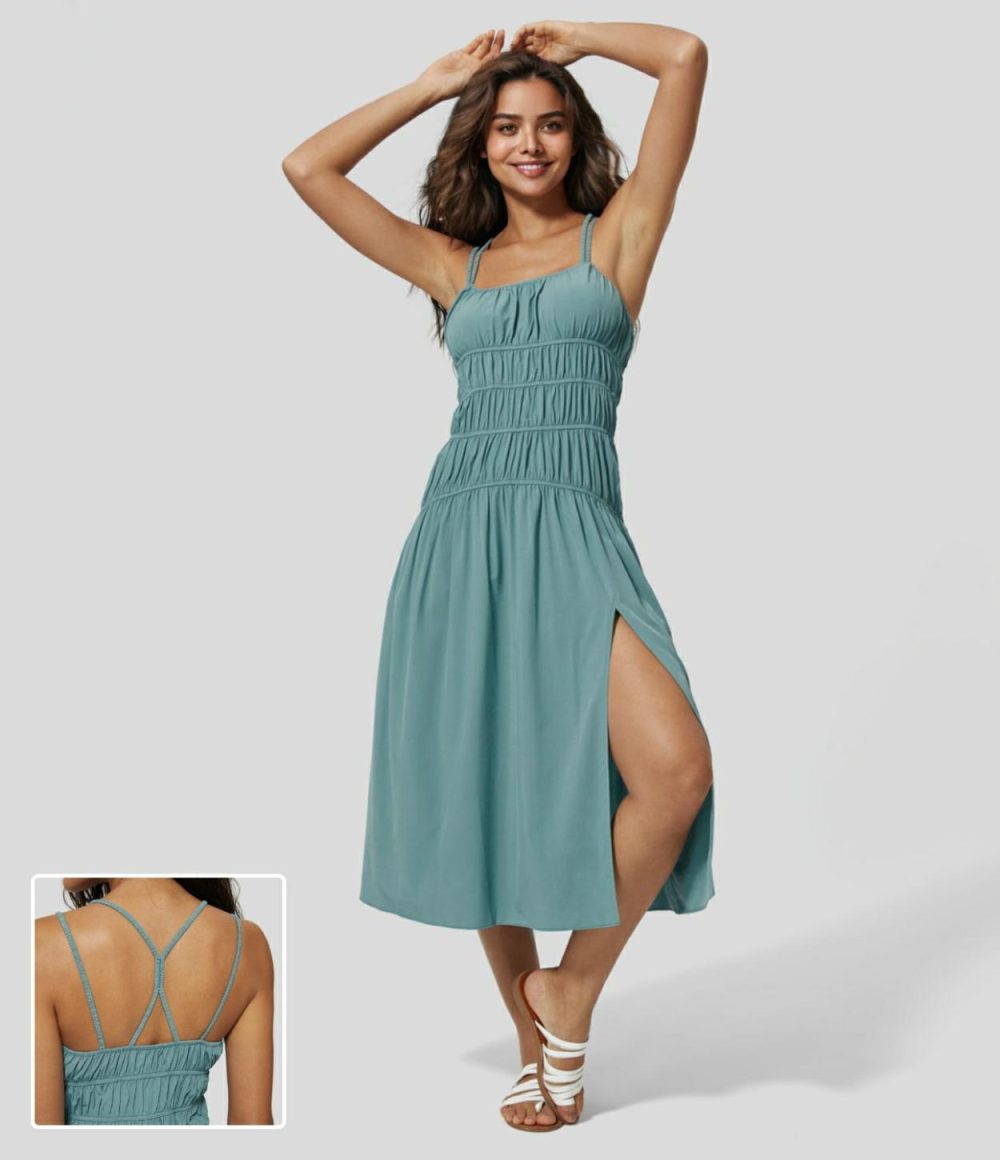 Breezeful™ Backless Plicated Split Hem Flowy Midi Quick Dry Casual Slip Dress  | Womens  Flowy Dresses Clothing Flowy Dresses