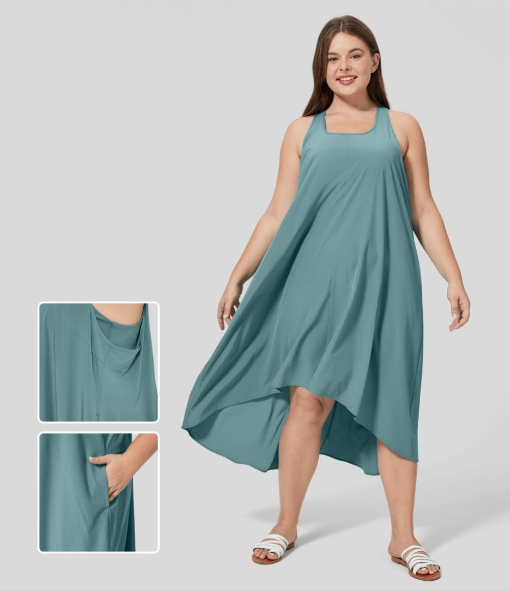 Breezeful™ Backless Racerback Side Pocket High Low Flowy Midi Quick Dry Casual Plus Size Dress  | Womens  Flowy Dresses Clothing Flowy Dresses