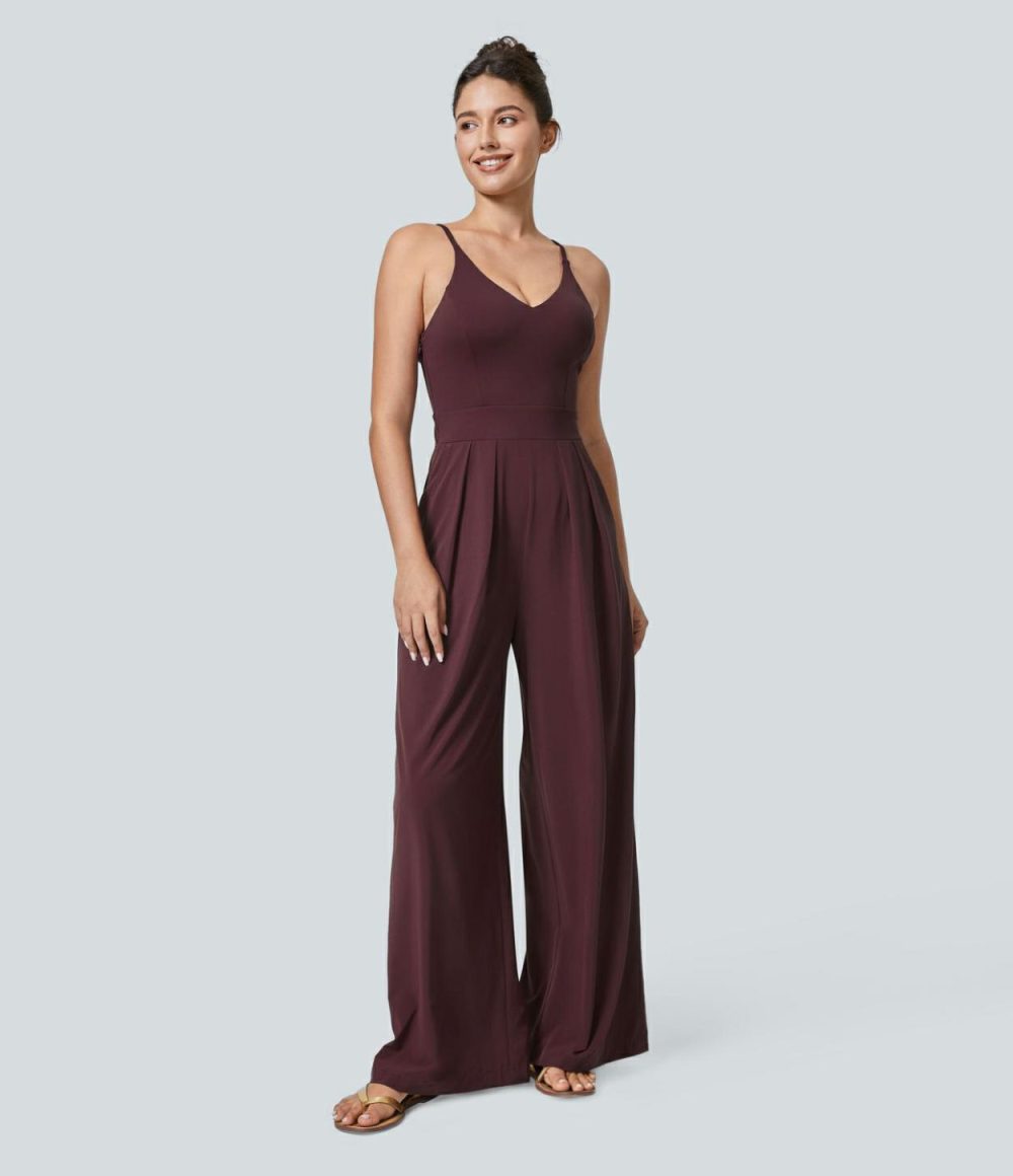 Breezeful™ Backless Side Invisible Zipper Pocket Wide Leg Quick Dry Resort Slip Jumpsuit  | Womens  Dressey Jumpsuits Clothing Amaranth/Hot Wasabi - Green/Nebulas Blue/Peach Orange/Leisurely Lavender/Black/Stone Blue/Patriot Blue/Kapok Red/Ballad Blue