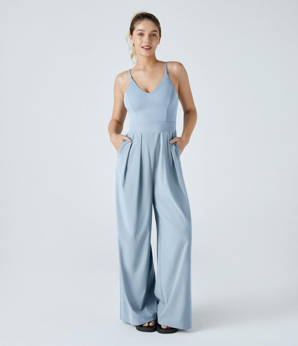 Breezeful™ Backless Side Invisible Zipper Pocket Wide Leg Quick Dry Resort Slip Jumpsuit  | Womens  Dressey Jumpsuits Clothing Amaranth/Hot Wasabi - Green/Nebulas Blue/Peach Orange/Leisurely Lavender/Black/Stone Blue/Patriot Blue/Kapok Red/Ballad Blue