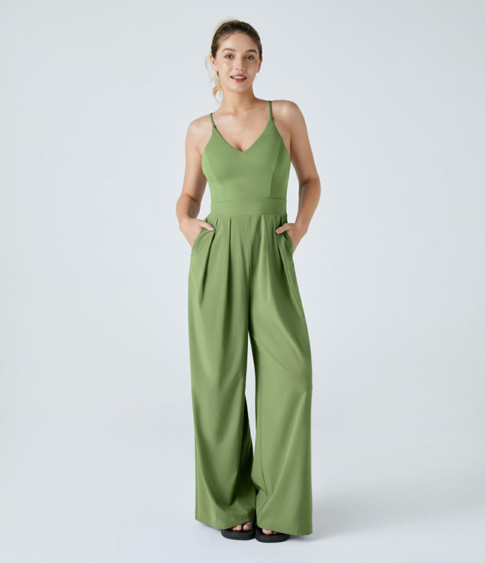 Breezeful™ Backless Side Invisible Zipper Pocket Wide Leg Quick Dry Resort Slip Jumpsuit  | Womens  Dressey Jumpsuits Clothing Amaranth/Hot Wasabi - Green/Nebulas Blue/Peach Orange/Leisurely Lavender/Black/Stone Blue/Patriot Blue/Kapok Red/Ballad Blue