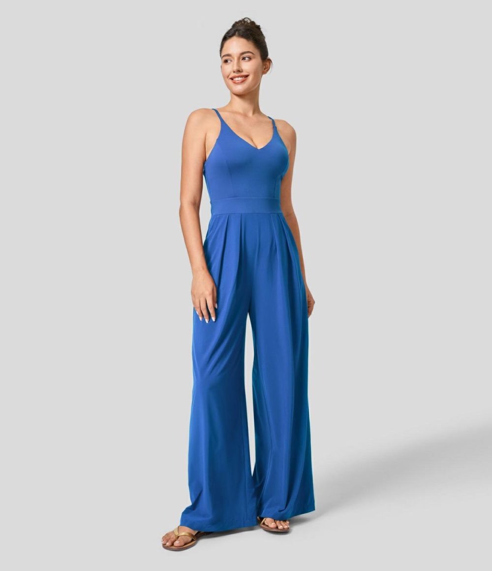 Breezeful™ Backless Side Invisible Zipper Pocket Wide Leg Quick Dry Resort Slip Jumpsuit  | Womens  Dressey Jumpsuits Clothing Amaranth/Hot Wasabi - Green/Nebulas Blue/Peach Orange/Leisurely Lavender/Black/Stone Blue/Patriot Blue/Kapok Red/Ballad Blue