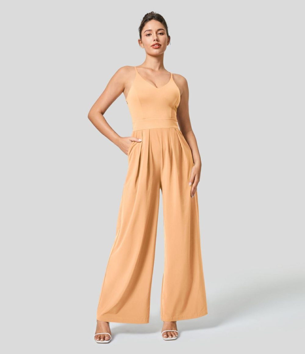 Breezeful™ Backless Side Invisible Zipper Pocket Wide Leg Quick Dry Resort Slip Jumpsuit  | Womens  Dressey Jumpsuits Clothing Amaranth/Hot Wasabi - Green/Nebulas Blue/Peach Orange/Leisurely Lavender/Black/Stone Blue/Patriot Blue/Kapok Red/Ballad Blue