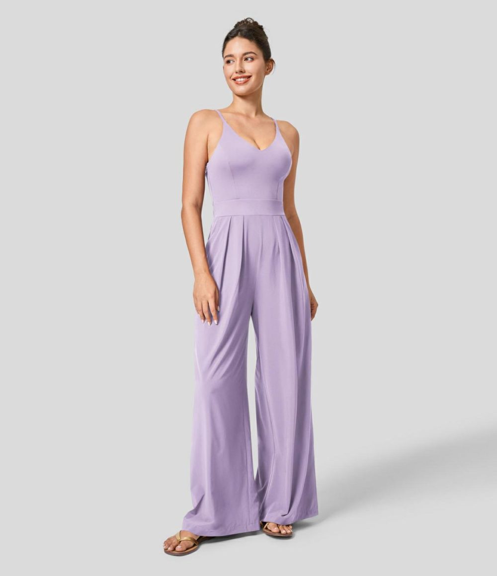 Breezeful™ Backless Side Invisible Zipper Pocket Wide Leg Quick Dry Resort Slip Jumpsuit  | Womens  Dressey Jumpsuits Clothing Amaranth/Hot Wasabi - Green/Nebulas Blue/Peach Orange/Leisurely Lavender/Black/Stone Blue/Patriot Blue/Kapok Red/Ballad Blue