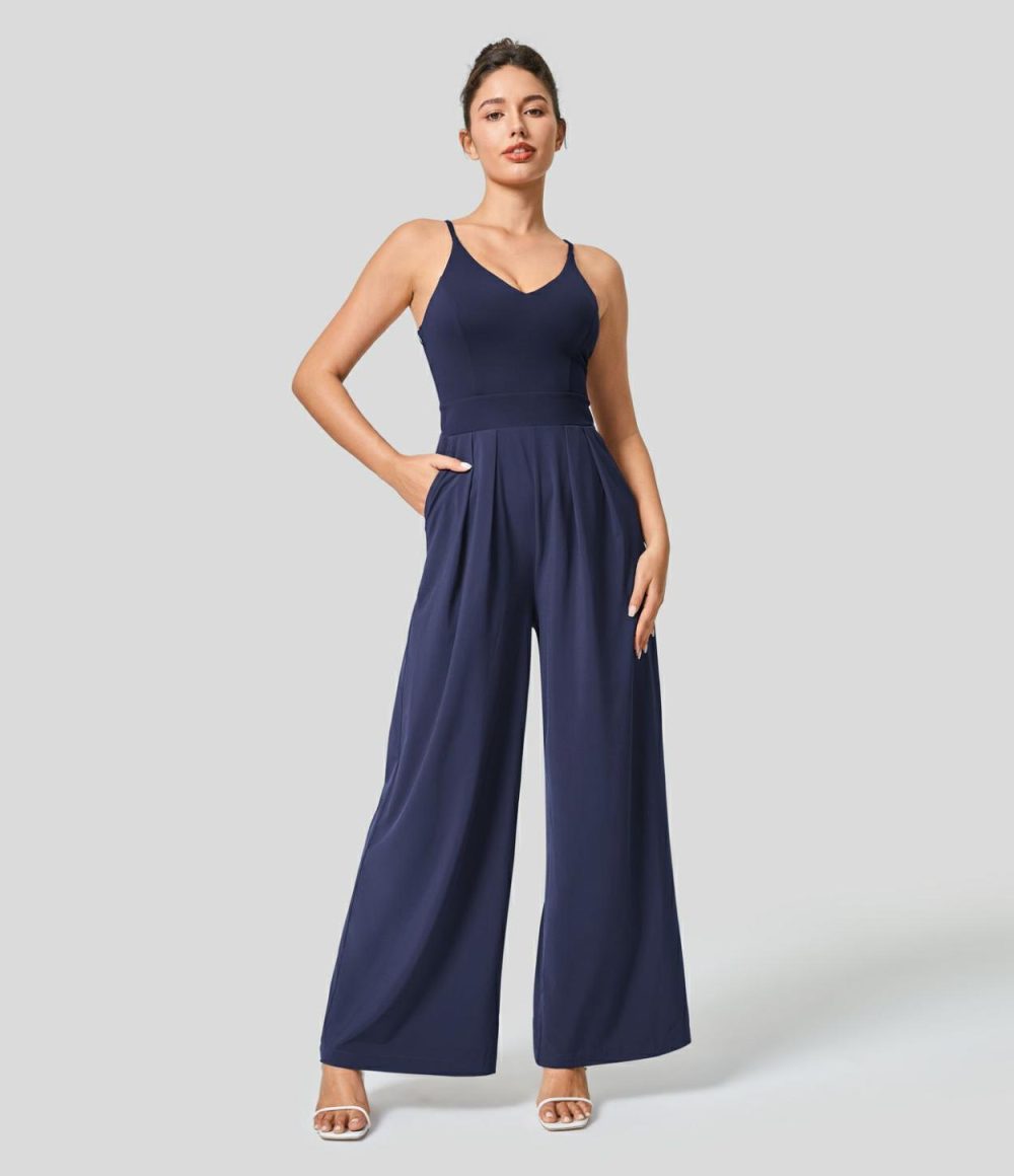 Breezeful™ Backless Side Invisible Zipper Pocket Wide Leg Quick Dry Resort Slip Jumpsuit  | Womens  Dressey Jumpsuits Clothing Amaranth/Hot Wasabi - Green/Nebulas Blue/Peach Orange/Leisurely Lavender/Black/Stone Blue/Patriot Blue/Kapok Red/Ballad Blue