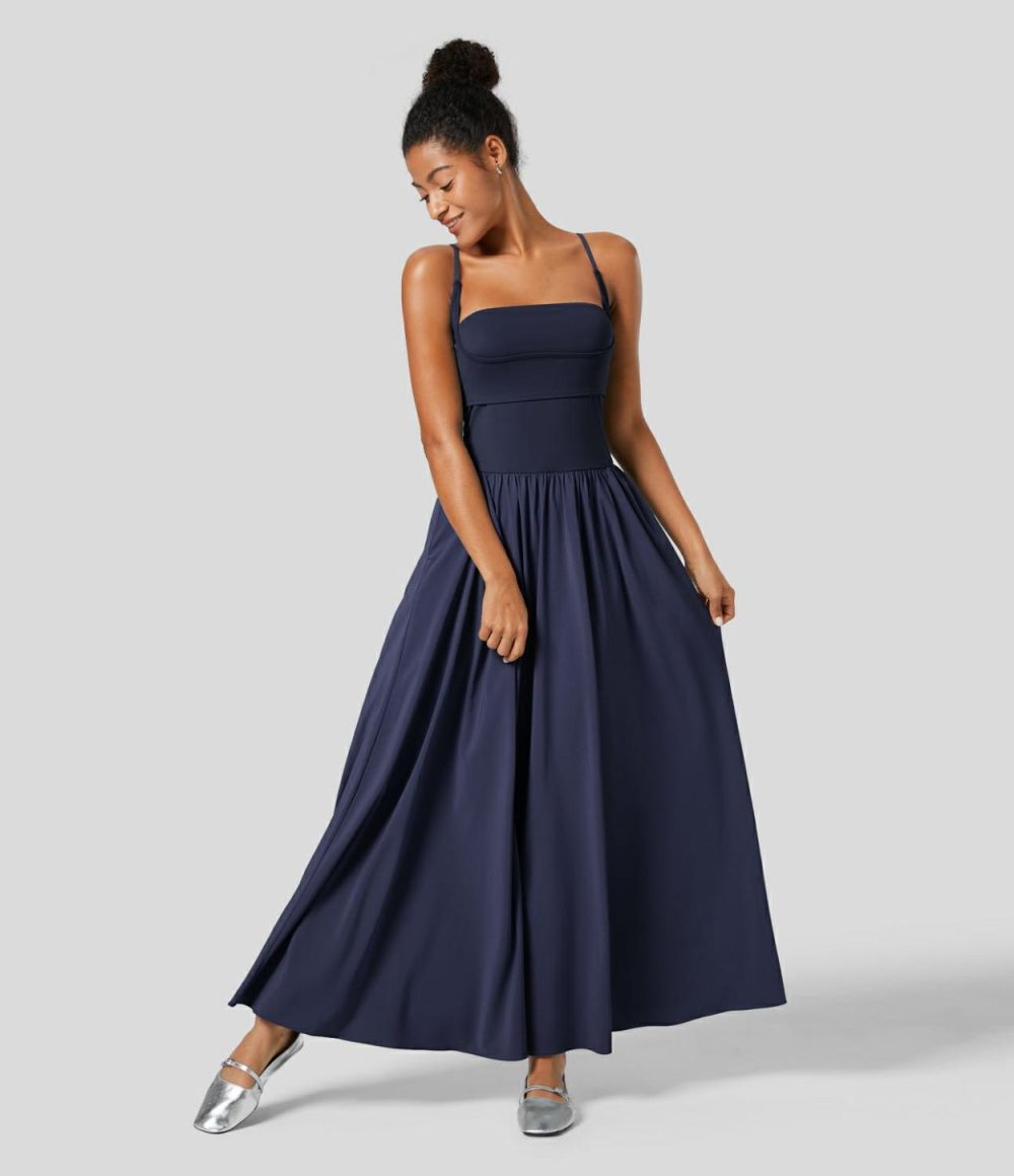 Breezeful™ Backless Side Pocket Plicated Flowy Flare Maxi Quick Dry Casual Slip Dress  | Womens  Flowy Dresses Clothing Black/Kapok Red/Stone Blue/Ballad Blue/Flamingo/Blossom/Patriot Blue/Dust Gray/Amaranth