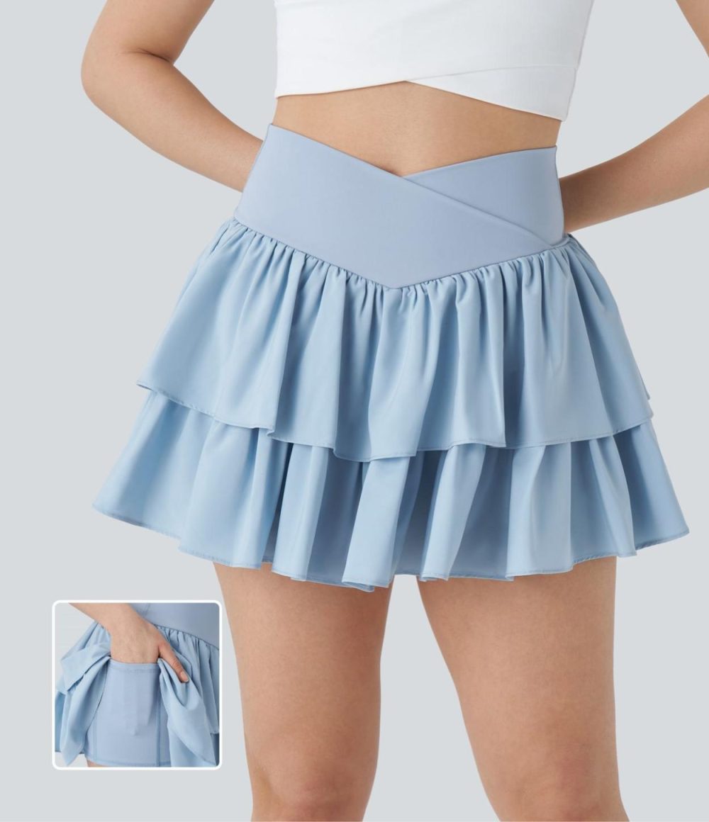 Breezeful™ Crossover High Waisted 2-in-1 Side Pocket Tiered Mini Quick Dry Dance Skirt  | Womens  Mini Skirts Clothing Mini Skirts