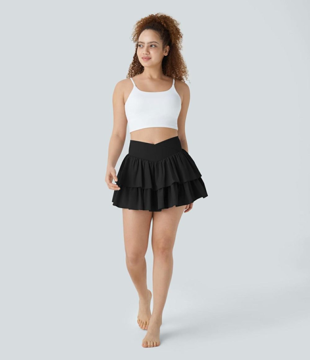 Breezeful™ Crossover High Waisted 2-in-1 Side Pocket Tiered Mini Quick Dry Dance Skirt  | Womens  Mini Skirts Clothing Mini Skirts