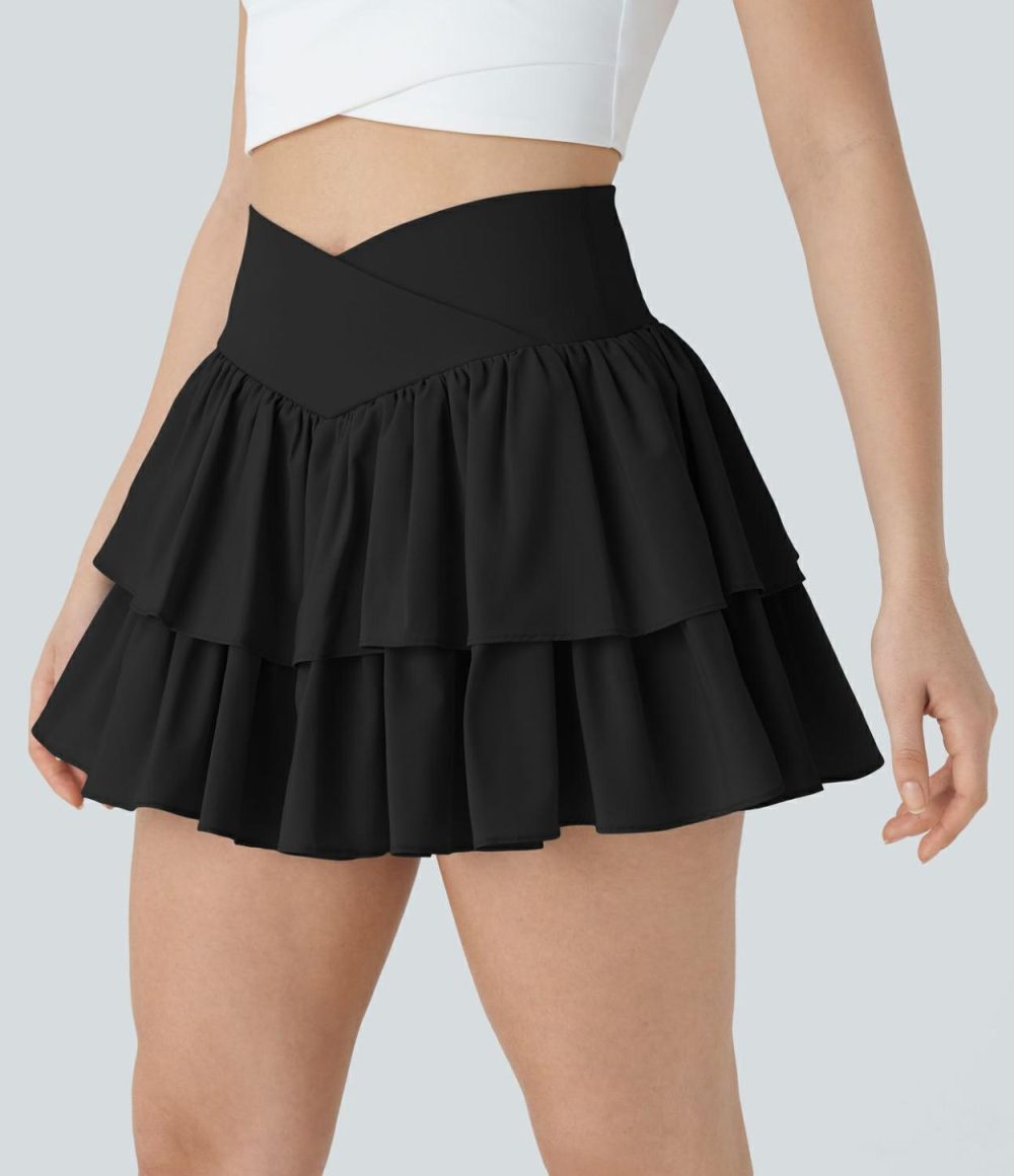 Breezeful™ Crossover High Waisted 2-in-1 Side Pocket Tiered Mini Quick Dry Dance Skirt  | Womens  Mini Skirts Clothing Mini Skirts