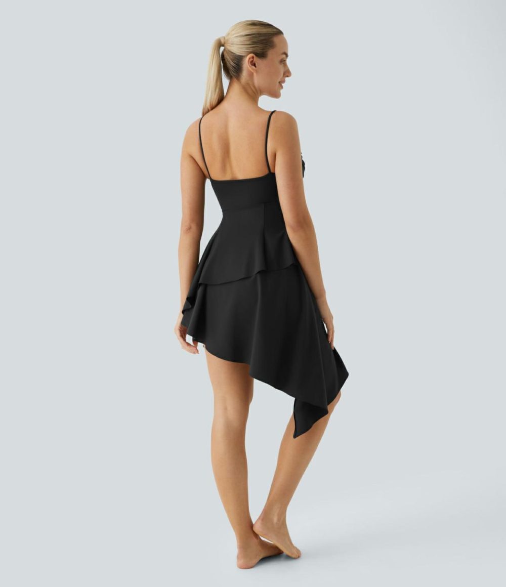 Breezeful™ Crossover V Neck Ruched Asymmetric Tiered Hem 2-Piece Flowy Slip Quick Dry Dance Active Dress  | Womens  Active Dresses Active Dresses Active Dresses