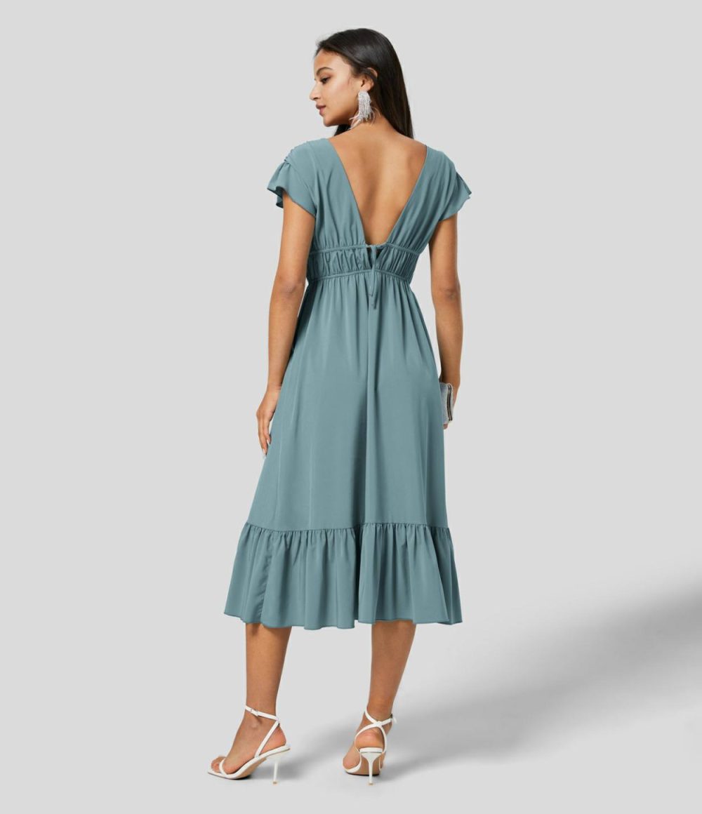 Breezeful™ Deep V Neck Butterfly Sleeve Backless Knot Side Pocket Ruffle Hem Midi Quick Dry Bridesmaid and Wedding Guest Dress  | Womens  Flowy Dresses Clothing Flowy Dresses