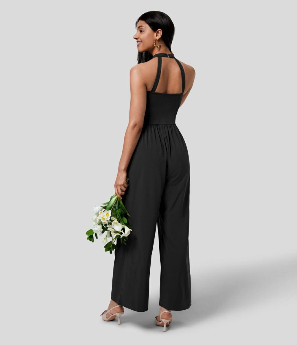 Breezeful™ Halter Ruffle Buckle Backless Pocket Wide Leg Quick Dry Bridesmaid and Wedding Guest Jumpsuit  | Womens  Dressey Jumpsuits Clothing Amaranth/Black