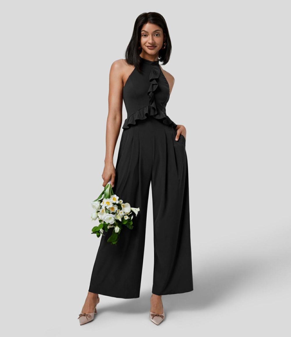 Breezeful™ Halter Ruffle Buckle Backless Pocket Wide Leg Quick Dry Bridesmaid and Wedding Guest Jumpsuit  | Womens  Dressey Jumpsuits Clothing Amaranth/Black