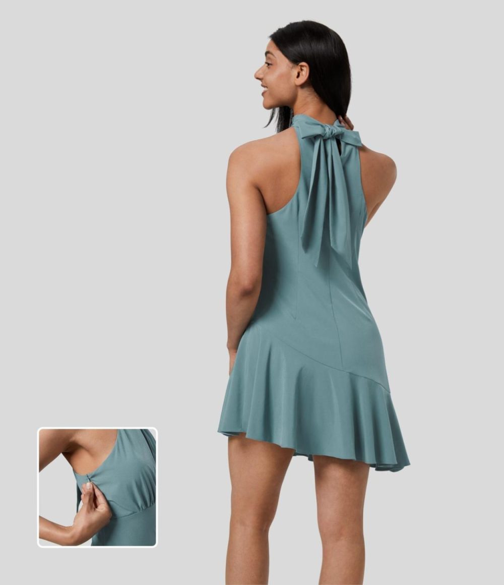 Breezeful™ Halter Tie Back Invisible Zipper Asymmetric Ruffle Hem Mini Quick Dry Casual Dress  | Womens  Mini Dresses Clothing Mini Dresses